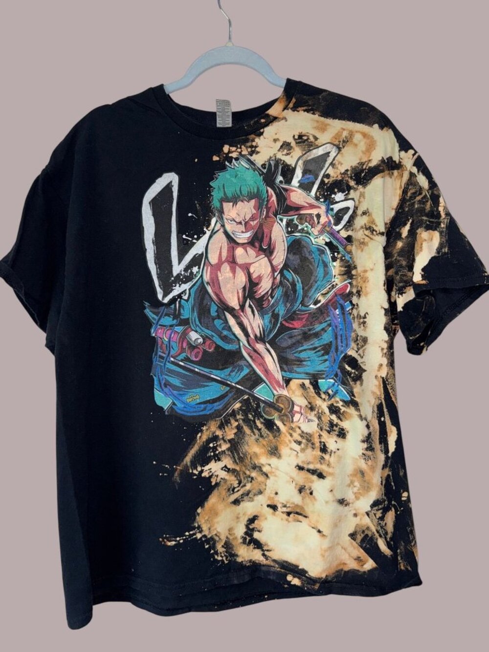 Custom Bleach Dye Anime Graphic T-Shirt Featuring Zoro Design On Black Heavy Cot